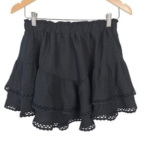 Lepunuo‎ Black Ruffle Mini Skirt S Eyelet Crochet Trim Built-In Shorts